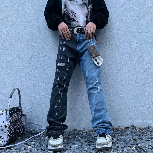 men's jeans swag washed destroyed flare streetwear hip hop slim fit ripped men black blue colorblocked flared denim pant for